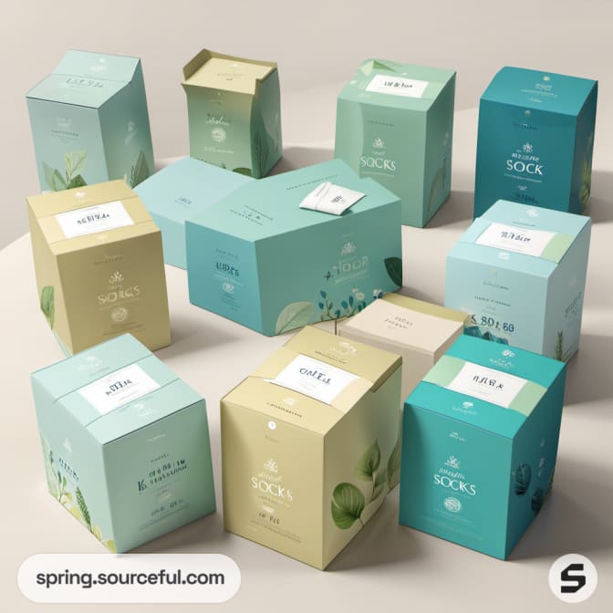 Assorted rectangular boxes in pastel colors with labels.