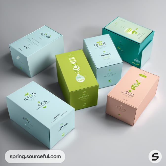 Pastel and green boxes with simple designs and labels.
