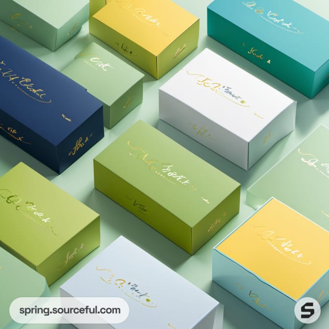 Colorful boxes in shades of blue, green, and yellow.