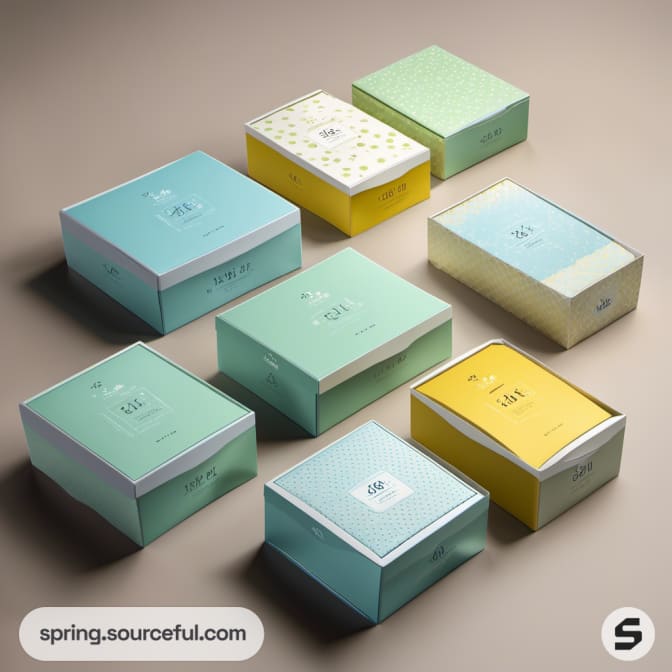 Assorted decorative boxes in pastel colors on a table.