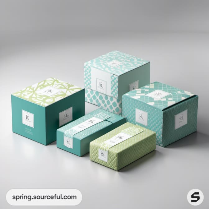 Geometric patterned boxes in green and teal tones.