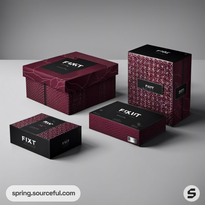 Assorted burgundy and black fixit boxes with geometric designs.