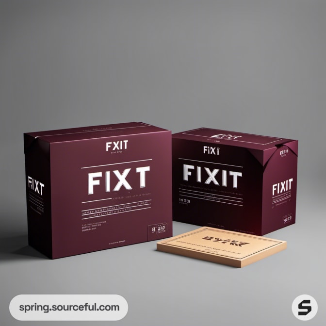 Large burgundy fixit boxes and light brown package on a grey background.