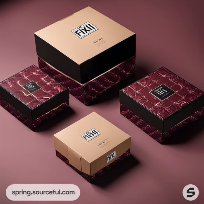 Burgundy and beige fixit boxes with luxury textures on a pink surface.