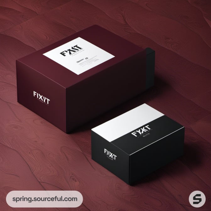 Minimalistic burgundy and black fixit boxes with white labels.