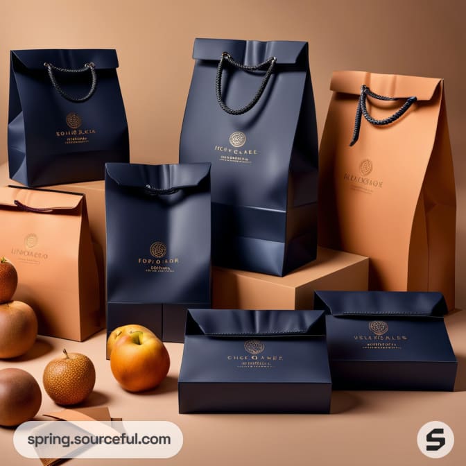 Navy and brown paper bags with handles, surrounded by apples, against a cardboard box backdrop.