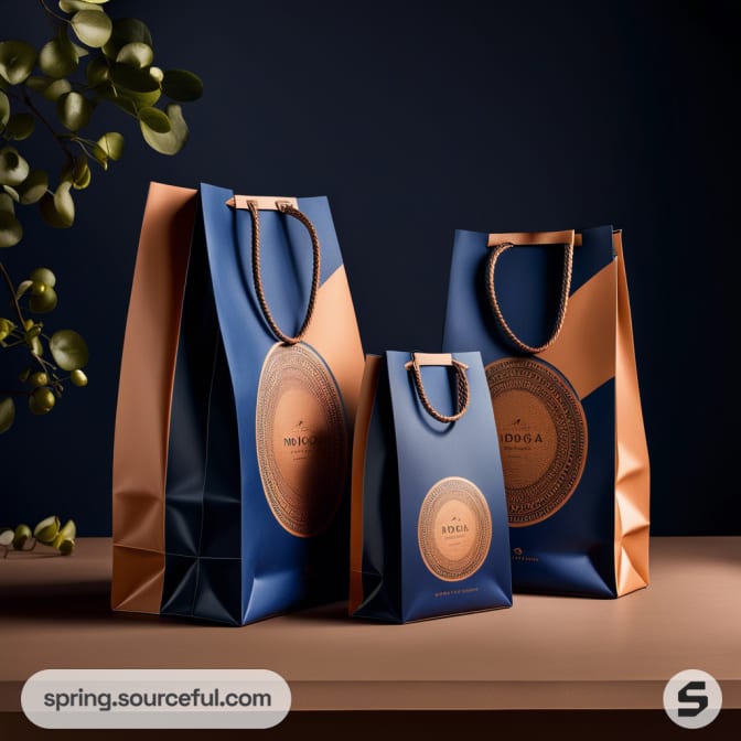 Elegant blue and brown paper shopping bags with round labels, featuring handles, displayed on a wooden surface.