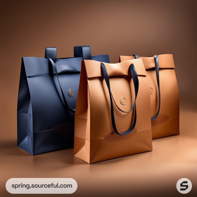 Brown and blue luxury shopping bags with handles on a brown background.