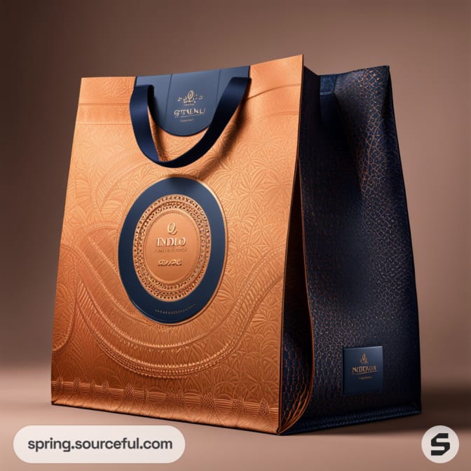 Elegant gift bag with intricate embossed patterns in orange and navy with a round decorative emblem.