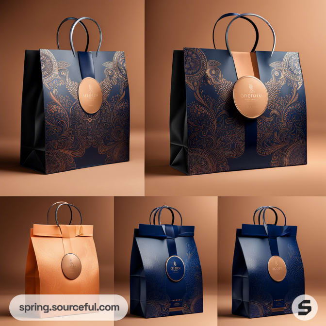 Elegant paper shopping bags in navy and tan with intricate patterns and circular emblems, featuring sturdy handles.