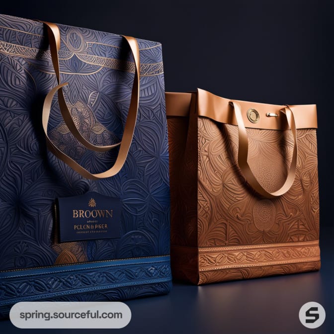 Elegant blue and brown paper bags with embossed floral patterns and gold foil details, featuring ribbon handles.