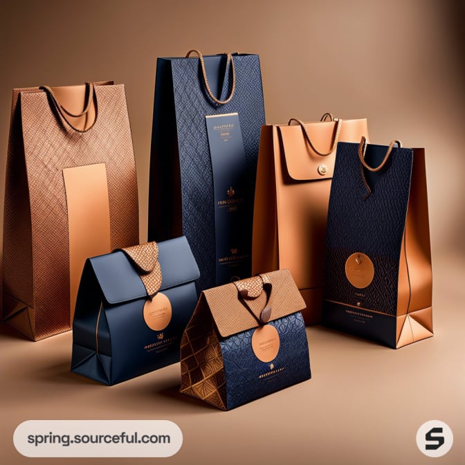 Elegant blue and brown gift bags with ribbon handles displayed on a tan background.