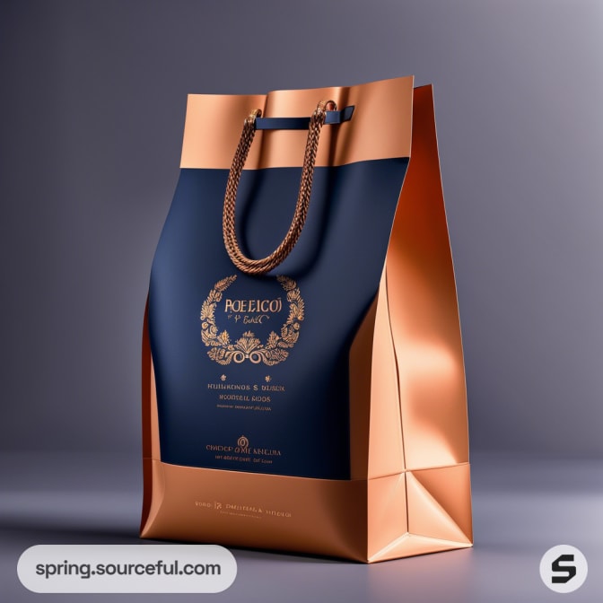 Luxurious navy and copper gift bag with ornate gold detailing and rope handles, set against a soft background.