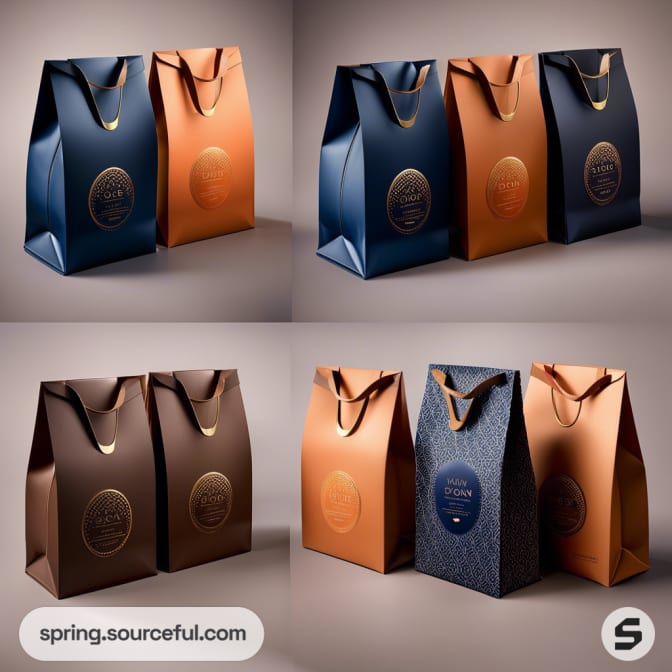 Elegant gift bags in navy, copper, and brown with gold accents and embossed medallion designs.
