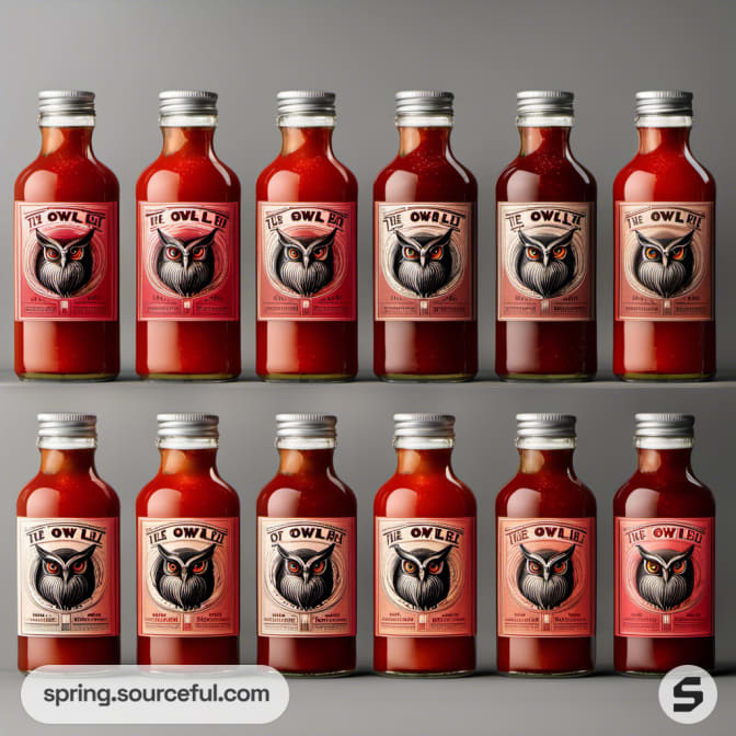 Glass bottles with owl labels, containing red sauce, arranged in two rows.