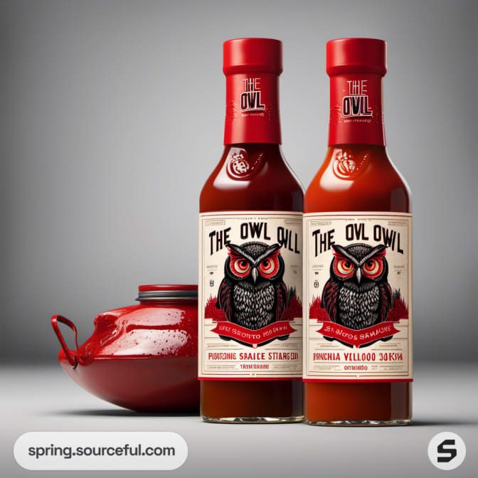 Two glass bottles of owl-themed sauce with red lids on display.
