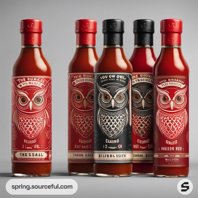 Five owl-themed sauce bottles with intricate designs and red caps.