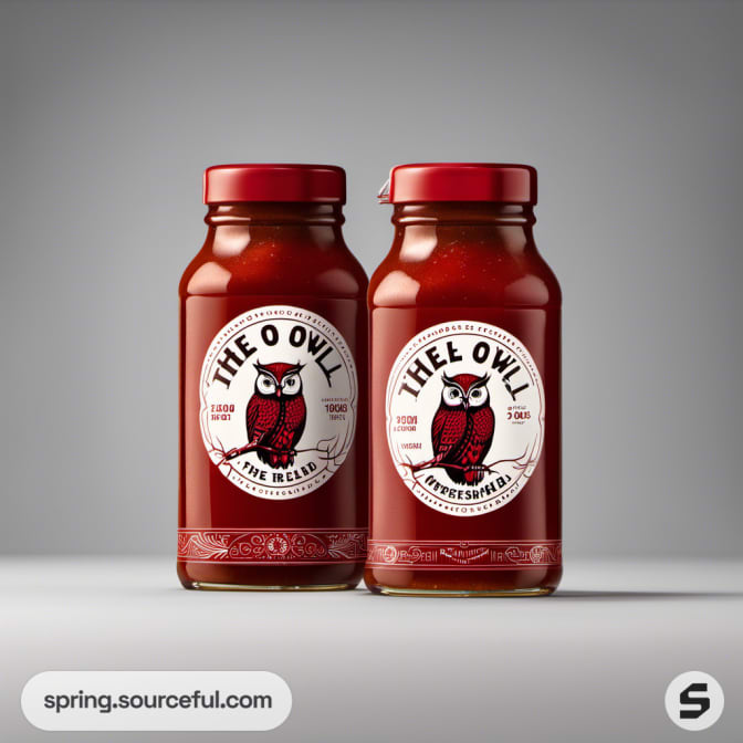 Two jar-style bottles with an owl logo and red sauce inside.
