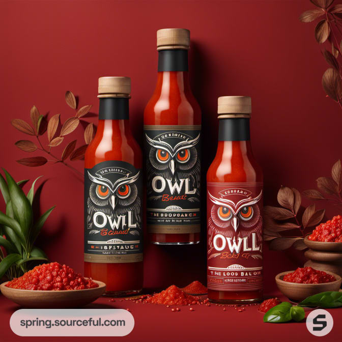 Three sauce bottles with owl labels, surrounded by red chilies.