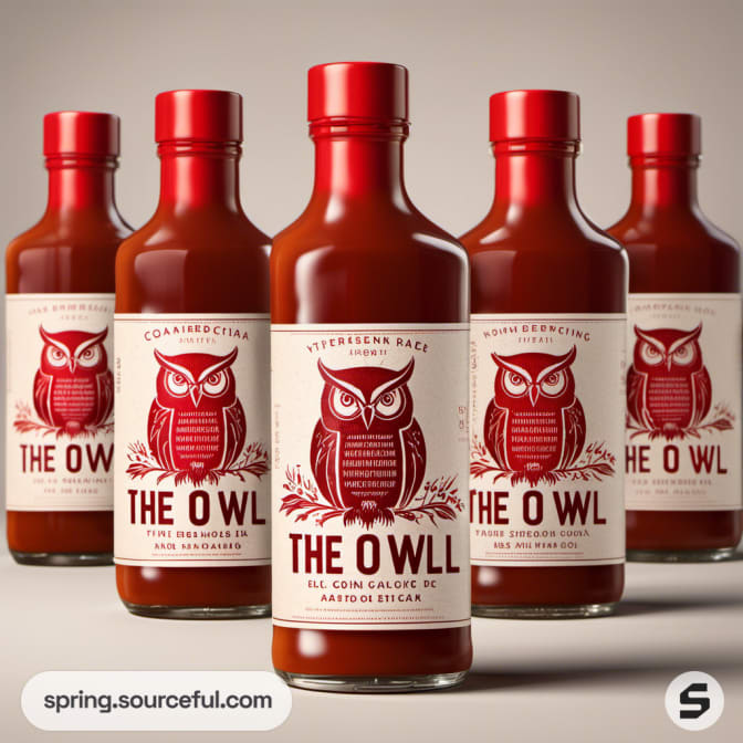 Six bottles with red owl-themed labels on a beige background.