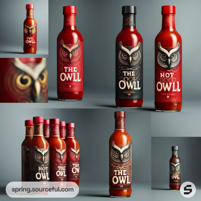 Assorted bottles with bold owl designs and red sauce content.