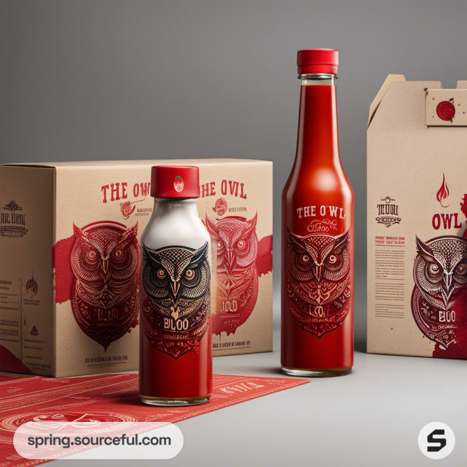 Red owl-themed sauce bottles with packaging and labels.