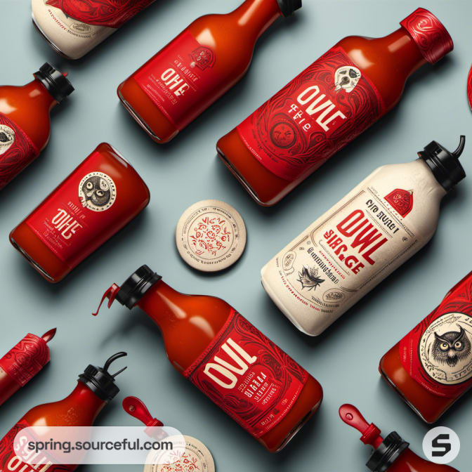 Variety of owl-themed sauce bottles arranged creatively on a table.