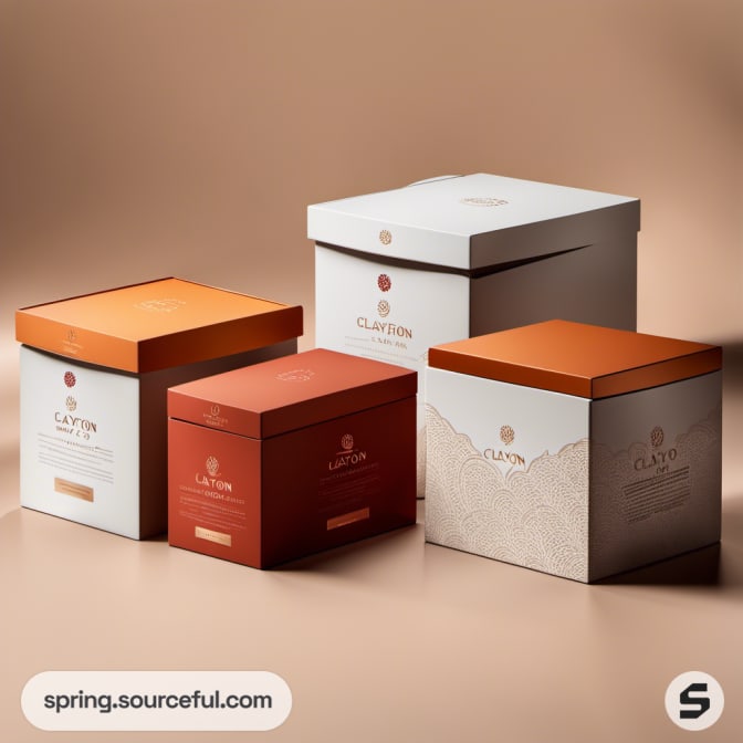 Assorted rectangular boxes in warm tones on a beige background.