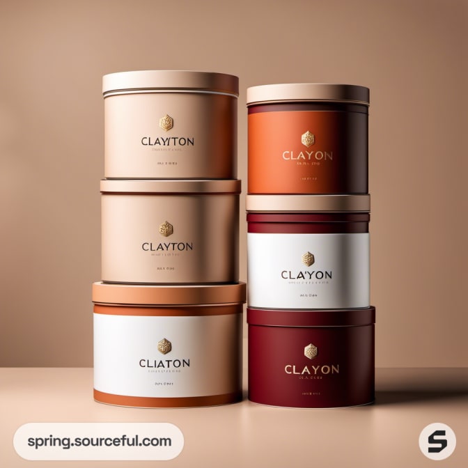 Stacked round containers in earthy colors on a neutral backdrop.