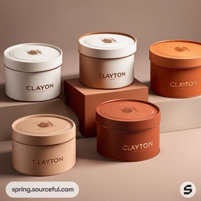 Variety of round and square boxes in natural hues on a beige setting.
