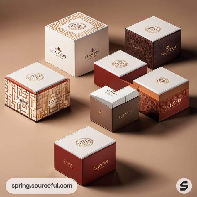 Assorted small boxes with geometric patterns on a beige surface.