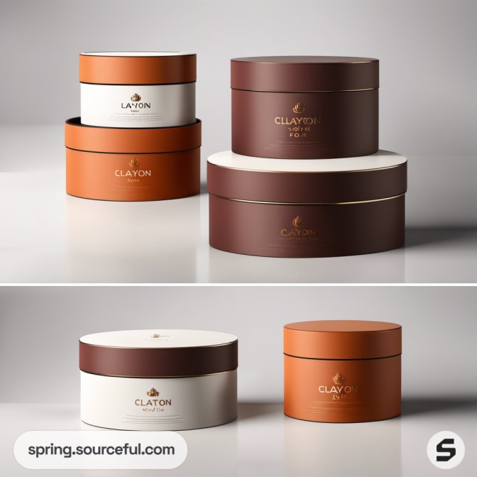Round containers in earthy shades stacked on a gray background.