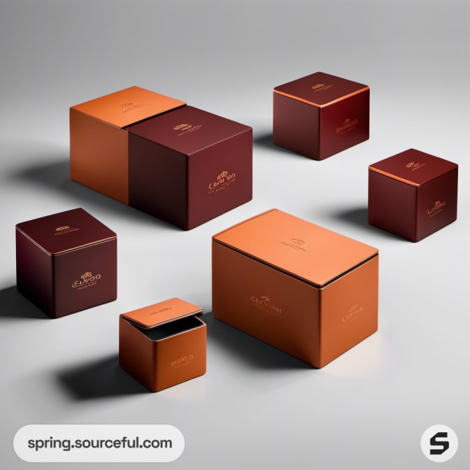 Various square boxes in orange and red tones on a gray floor.