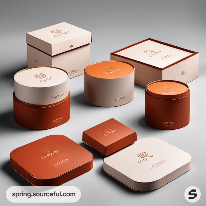 Assorted round and square boxes in warm tones on a gray background.