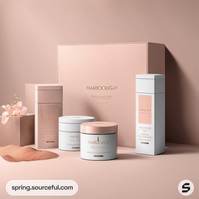 Elegant haircare packaging with various boxes and a large container.