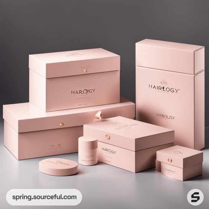 Stacked light pink boxes with elegant and minimalist branding.