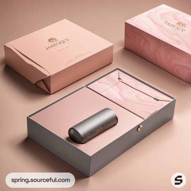 Pink and silver gift box with minimalistic packaging design.