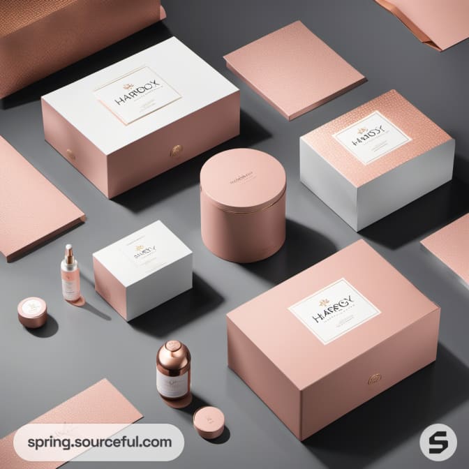 Assorted rose gold and white packaging with bottles and boxes.