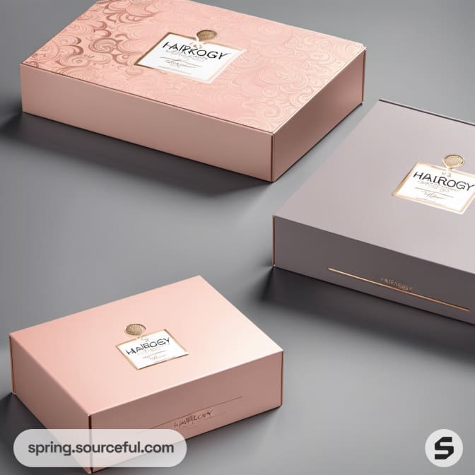 Sophisticated pink gift boxes with ornate patterns on surface.