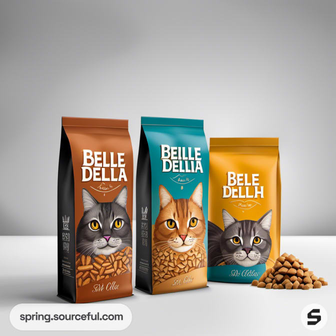 Three cat food bags in brown, teal, and orange colors.