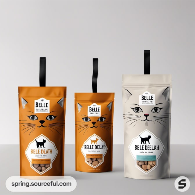 Three cat treat pouches with cat illustrations and handles.