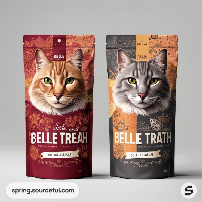 Two cat treat pouches with cat faces and floral motifs.