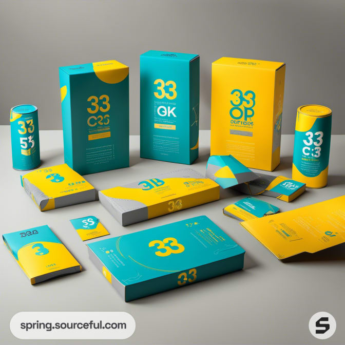 Colorful packaging with turquoise and yellow mailer boxes and pouches.