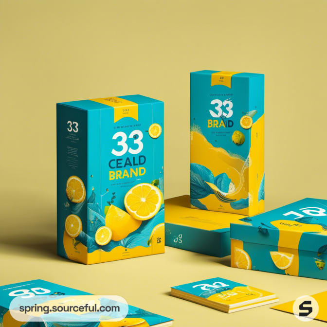Teal and yellow packaging with lemon-themed design on mailer boxes.