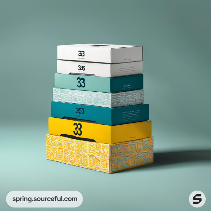Stack of boxes with various textures and numbers on a green background.