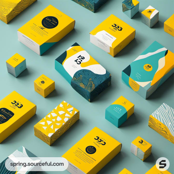 Assorted teal and yellow geometric patterned boxes arranged on a surface.