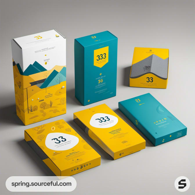 Teal and yellow packaging with mountain and number designs on boxes.