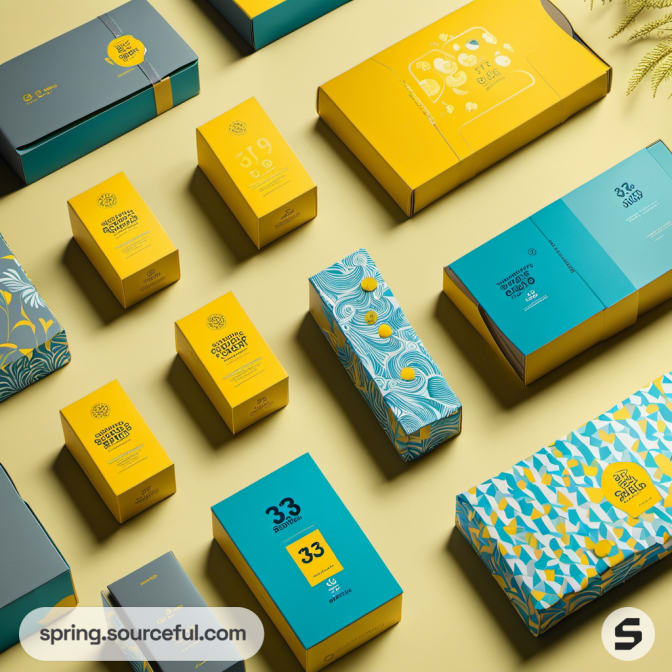 Yellow and teal product boxes with various patterns on a textured surface.