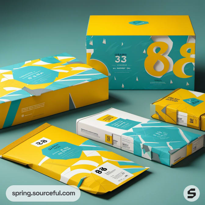 Large teal and yellow boxes with bold numeric designs on packaging.