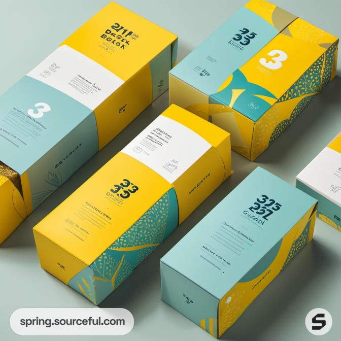 Close-up view of teal and yellow boxed packages with abstract patterns.